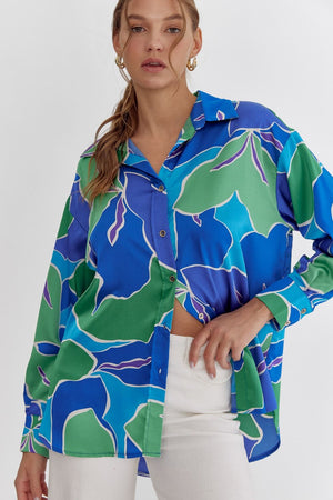 Printed Collar Button Up Top