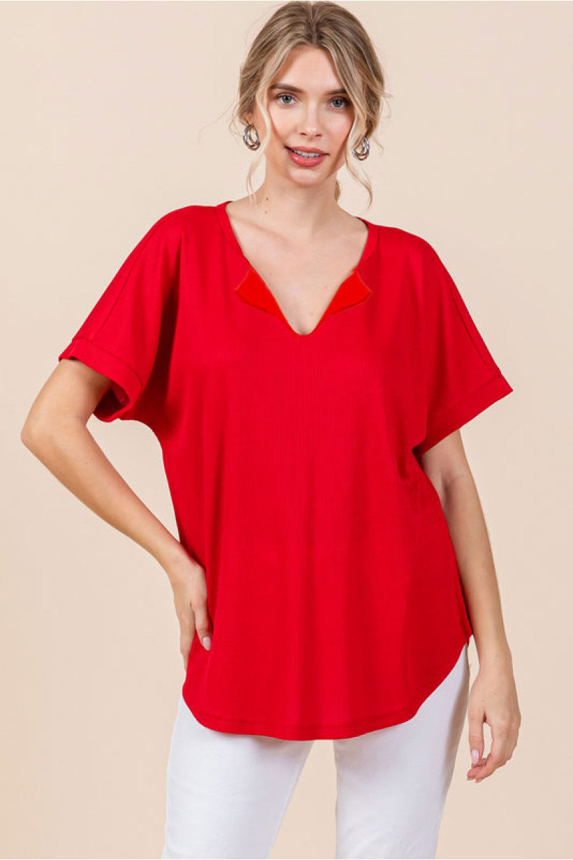 Loose Ribbed Notch Neck Top