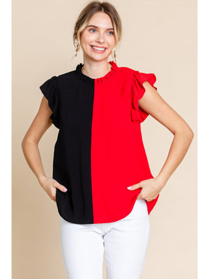 Frill Neck Split Color Top
