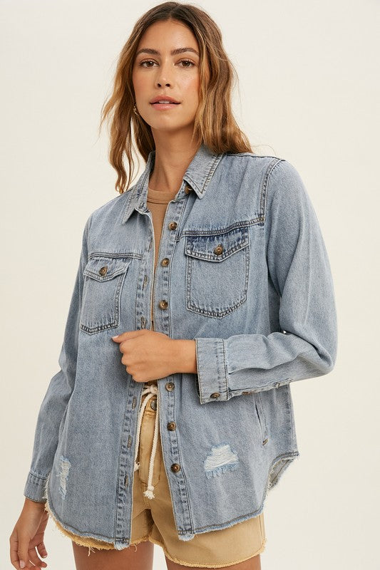 Distressed Cotton Denim Shacket