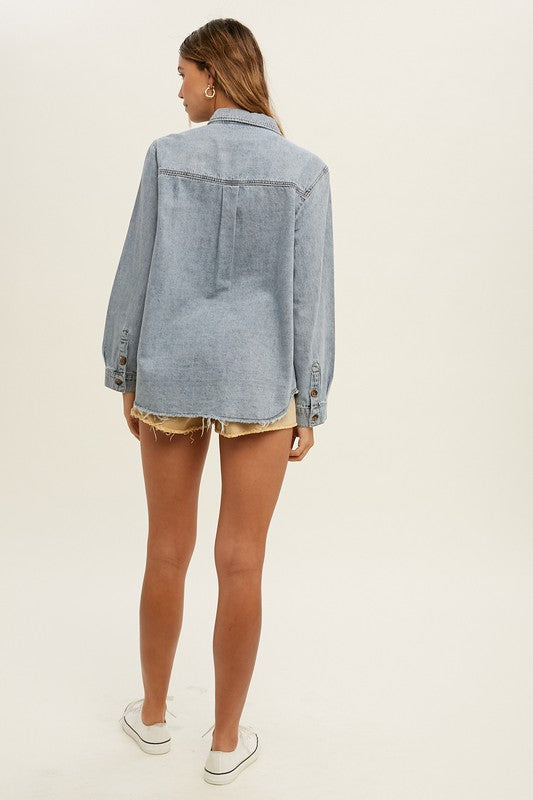 Distressed Cotton Denim Shacket