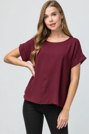 Roll Sleeve Scoop Neck Top - Free Souls Boutique