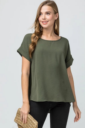 Roll Sleeve Scoop Neck Top - Free Souls Boutique