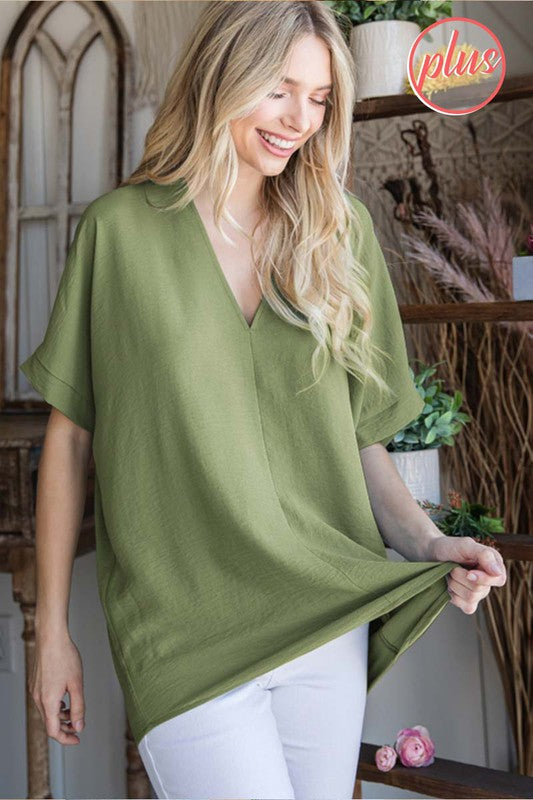 Plus Solid Woven Short Sleeve Top