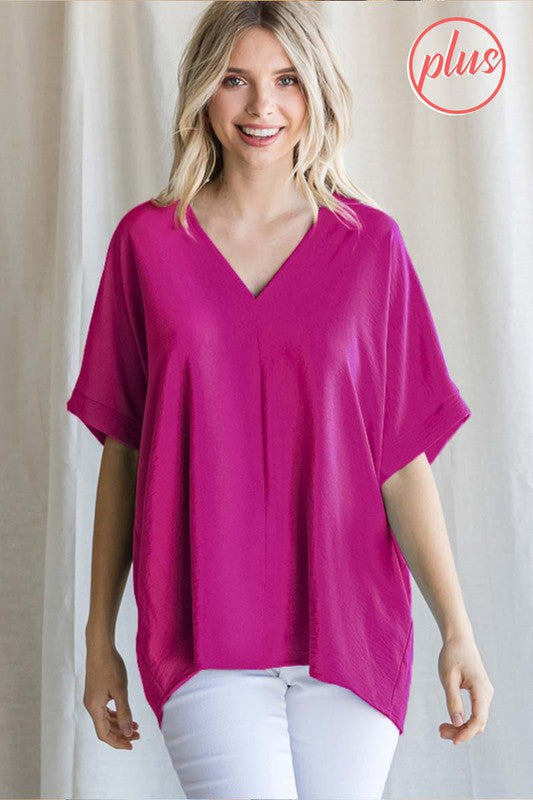 Plus Solid Woven Short Sleeve Top
