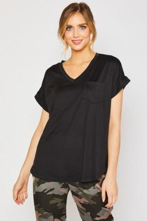 V-Neck Cuff Sleeve Pocket Top