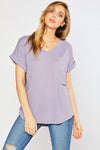 V-Neck Cuff Sleeve Pocket Top