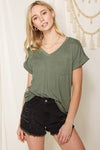 V-Neck Cuff Sleeve Pocket Top