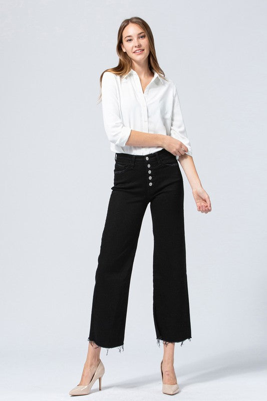 High Rise Button Fly Crop Wide Leg Jeans