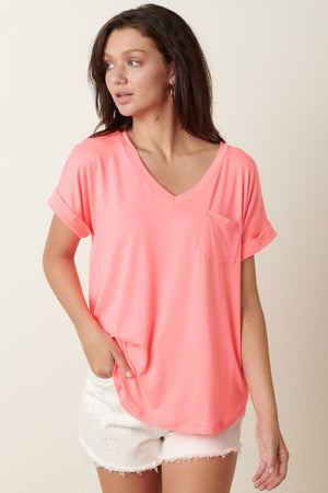 V-Neck Cuff Sleeve Pocket Top