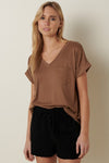 V-Neck Cuff Sleeve Pocket Top