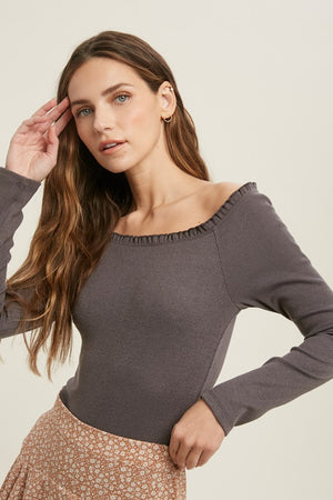 Ribbed Off Shoulder Thong Bodysuit