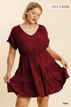 Plus Cuff Sleeve Elastic Waist Tiered Dress