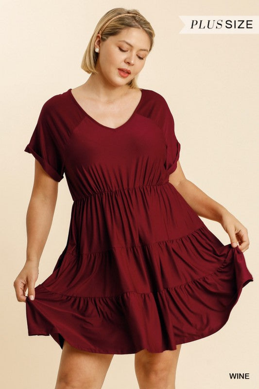 Plus Cuff Sleeve Elastic Waist Tiered Dress