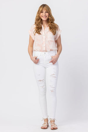 White Mid Rise Destroyed Skinny Jeans