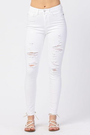 White Mid Rise Destroyed Skinny Jeans