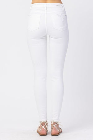 White Mid Rise Destroyed Skinny Jeans