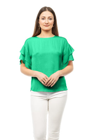 Double Ruffle Short Sleeve Satin Top