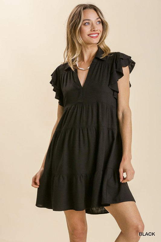 Linen Split Collar Ruffle Dress