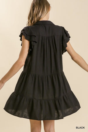 Linen Split Collar Ruffle Dress