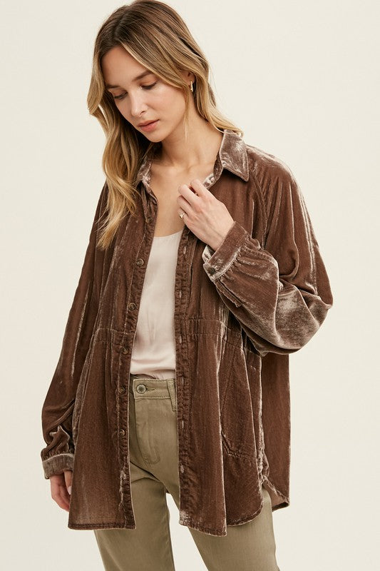 Velvet Oversized Button Up Shirt