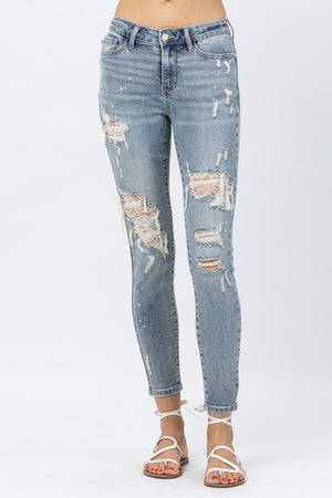 Plus Penelope Mid Rise Lace Patch Skinny Jeans
