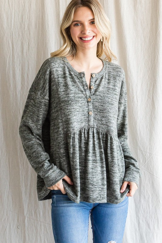 Melange Half Button Babydoll Top