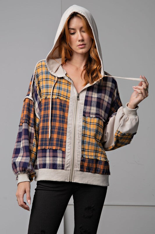 Terry & Plaid Zip Hoodie