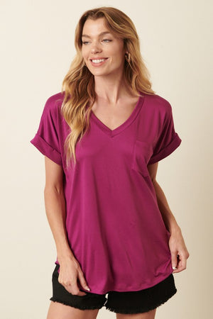 V-Neck Cuff Sleeve Pocket Top