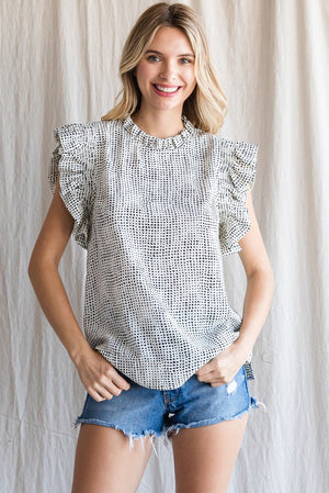 Dot Print Ruffle Trim Top