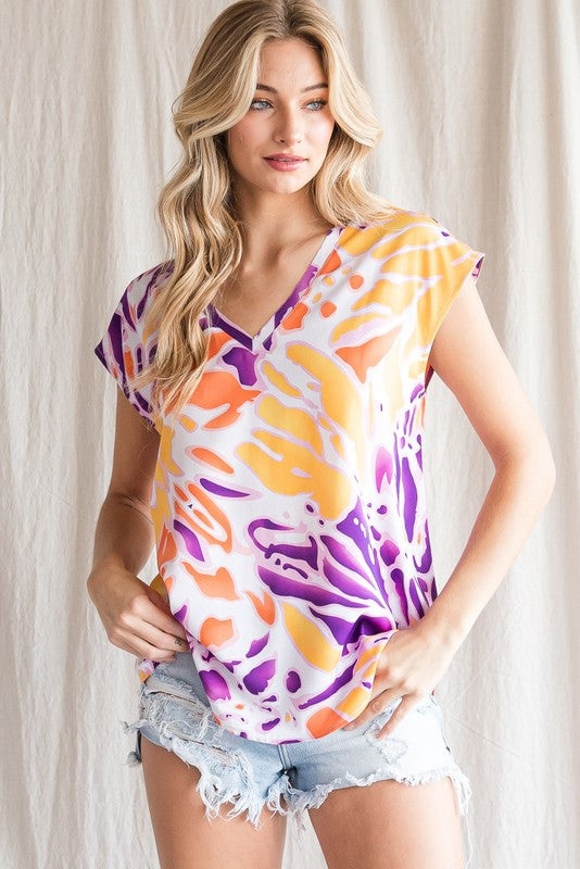 Cap Sleeve Abstract Print Top