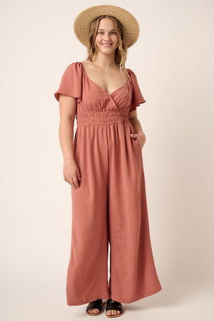Plus SS Surplice Elastic Waist Jumpsuit