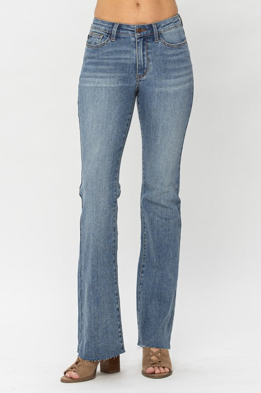 Mid Rise Raw Hem Bootcut Jeans