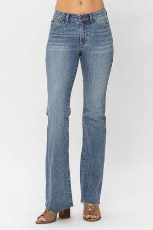Mid Rise Raw Hem Bootcut Jeans