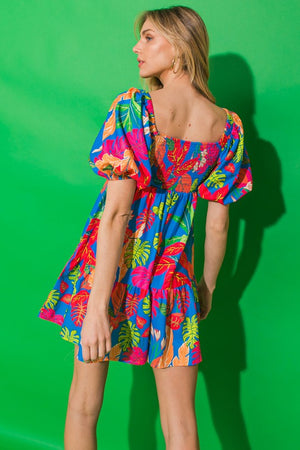 Smock Back Tropical Print Dress