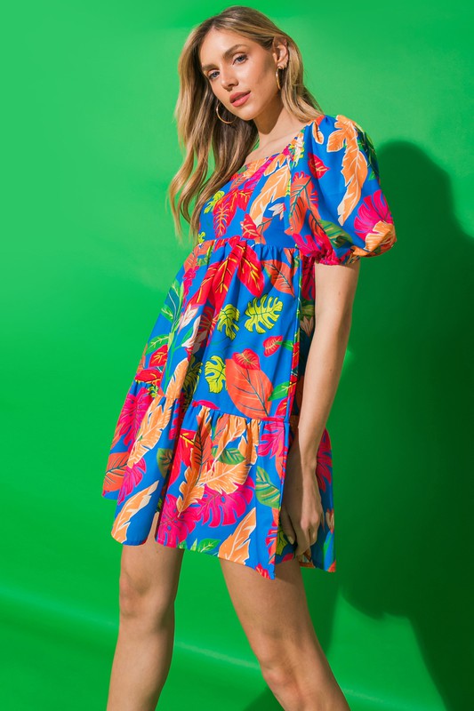 Smock Back Tropical Print Dress