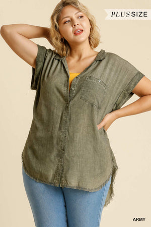 Plus Fray Hem Button Top