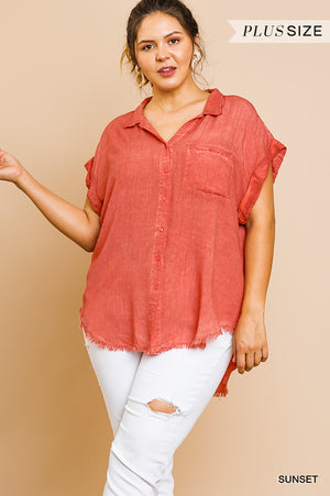 Plus Fray Hem Button Top