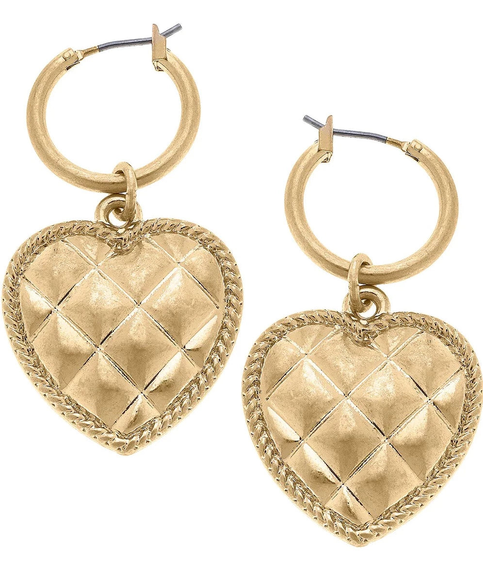 Collin Quilted Metal Heart Drop Hoop Earrings