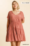 Plus Cuff Sleeve Elastic Waist Tiered Dress