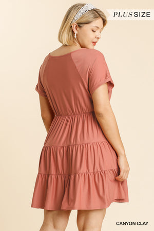 Plus Cuff Sleeve Elastic Waist Tiered Dress