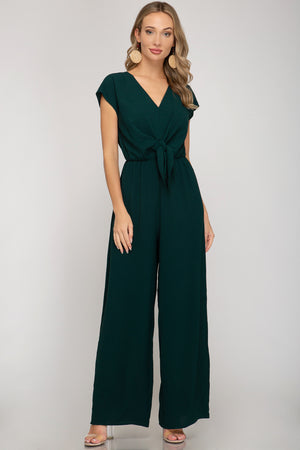Short Sleeve Tie Front Woven Jumpsuit