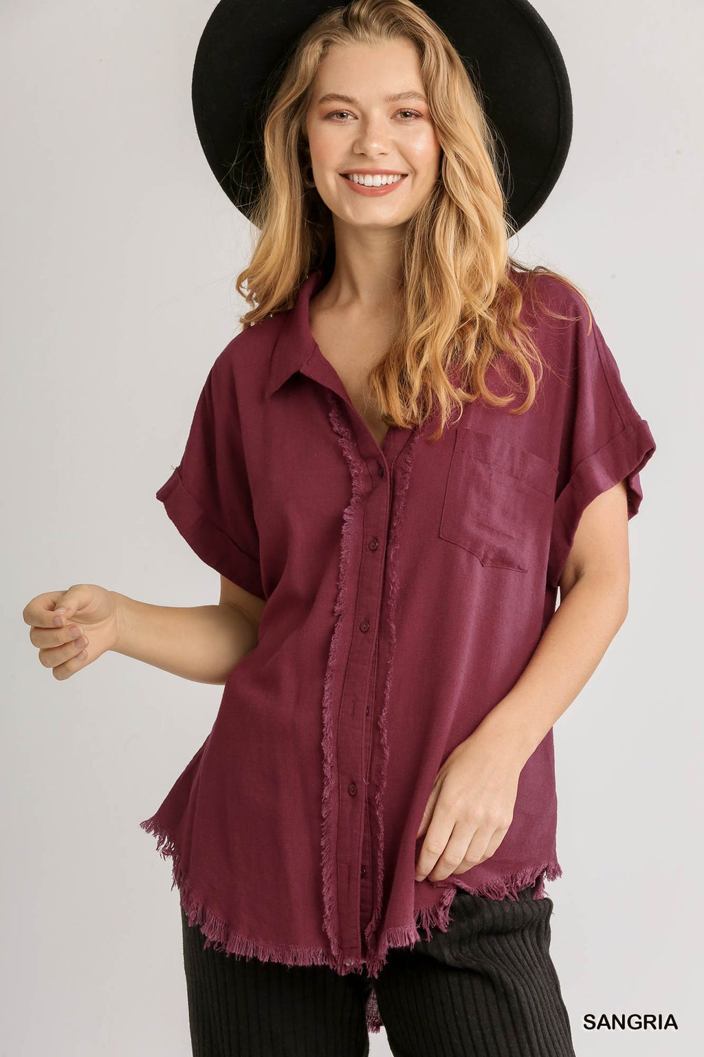 Fray Trim Button Down Linen Top