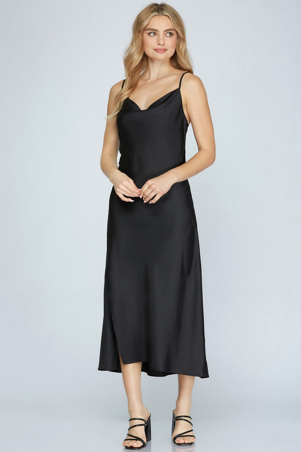 Satin Slit Cowl Neck Midi Dress