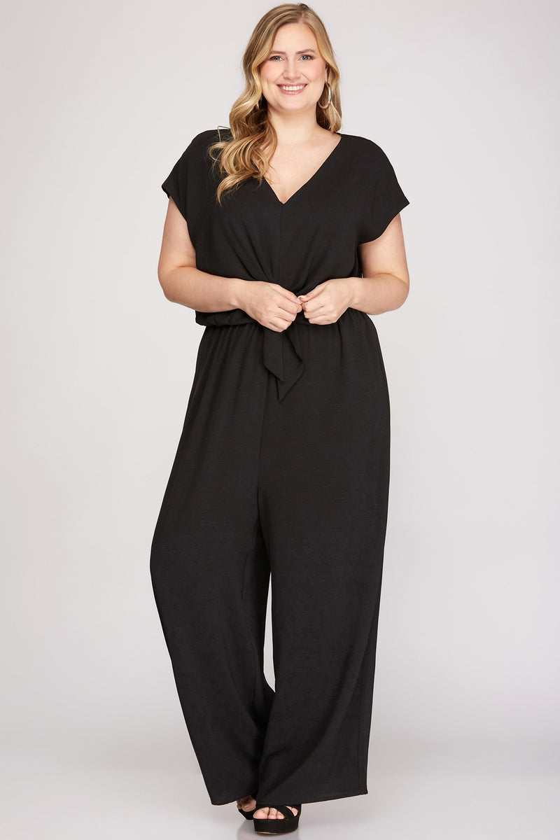 Plus Short Sleeve Tie Front Woven Jumpsuit