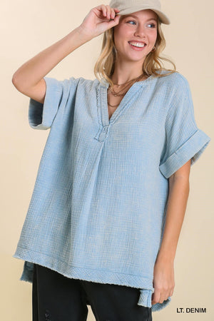 Cuff Sleeve Cotton Gauze Top