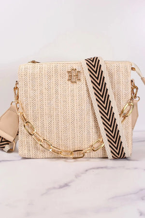 Ariana Chain Detail Straw Crossbody Bag