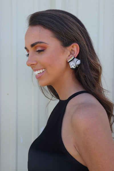 Black And White Striped Feather Earring - Free Souls Boutique