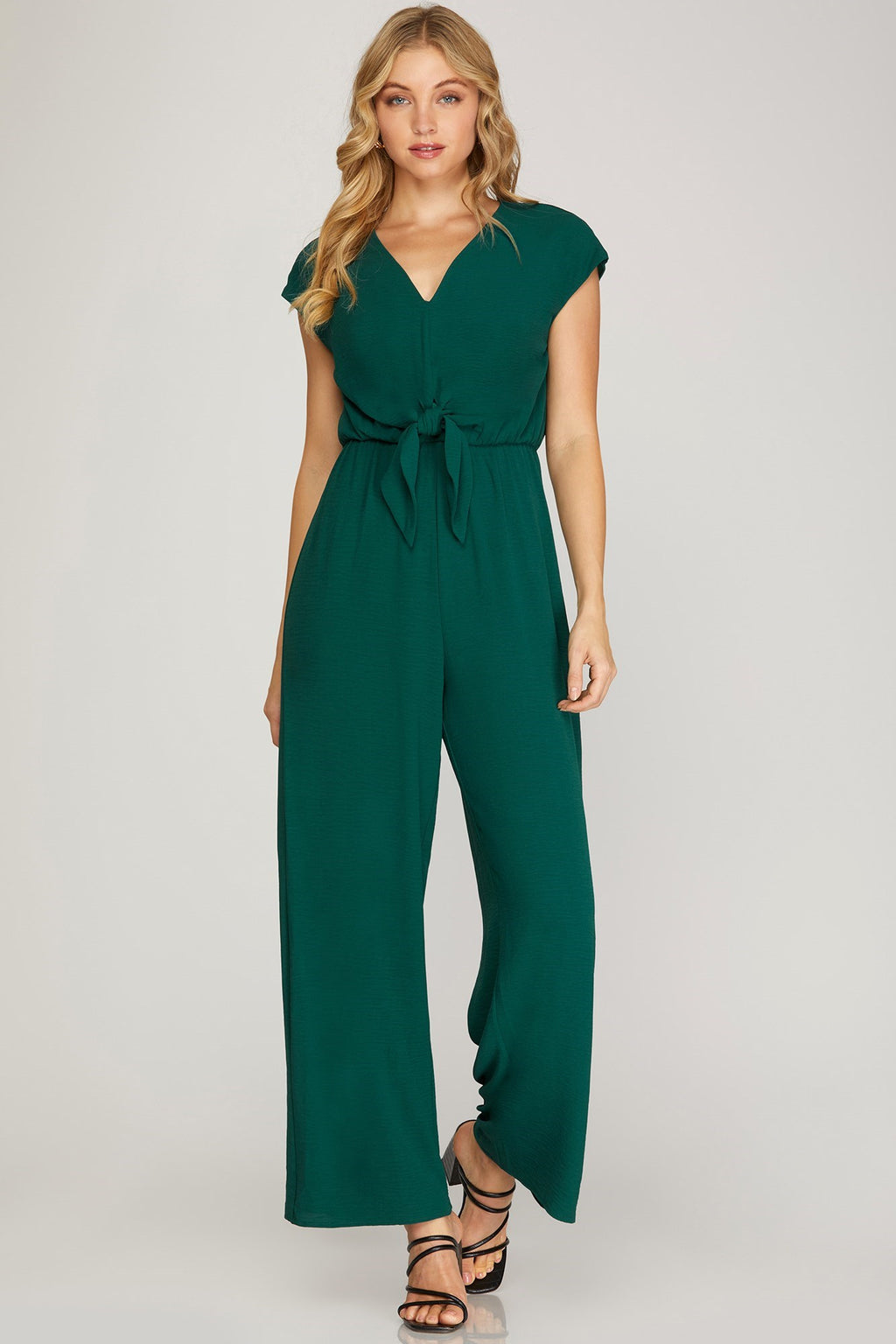Short Sleeve Tie Front Woven Jumpsuit