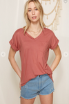V-Neck Cuff Sleeve Pocket Top